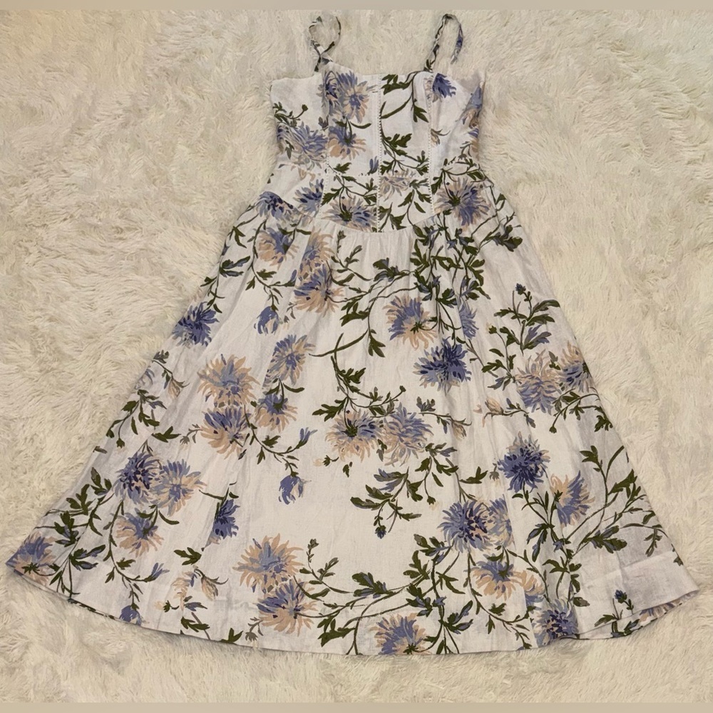 New Reformation Katarin Floral Linen A-Line Serenity Print Midi-Dress sz 12 - Picture 3 of 9